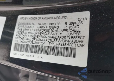 2018 Honda Accord Sport 2.0T from USA, damaged, VIN 1HGCV2F33JA053204
